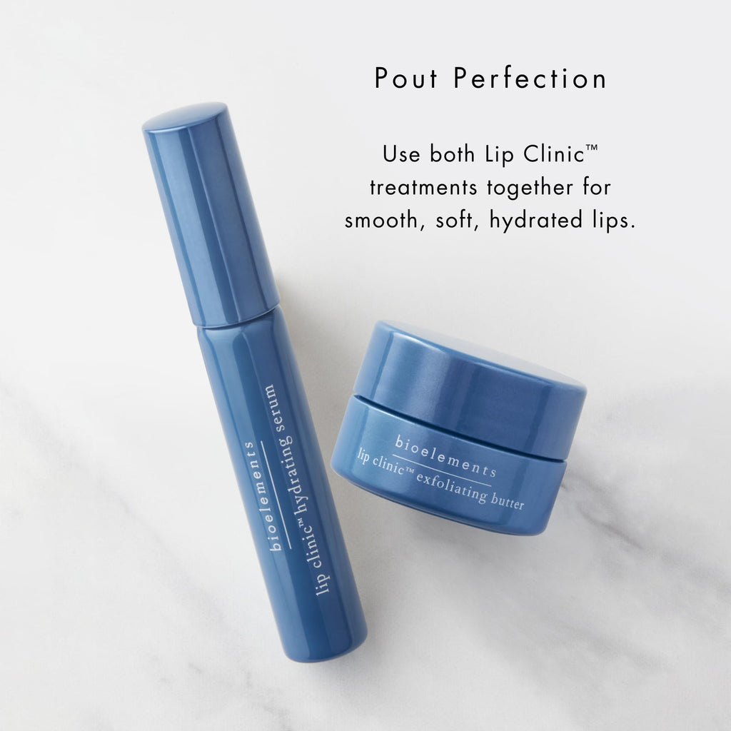 Bioelements Lip Clinic Exfoliating Butter set next to hydrating serum bottle