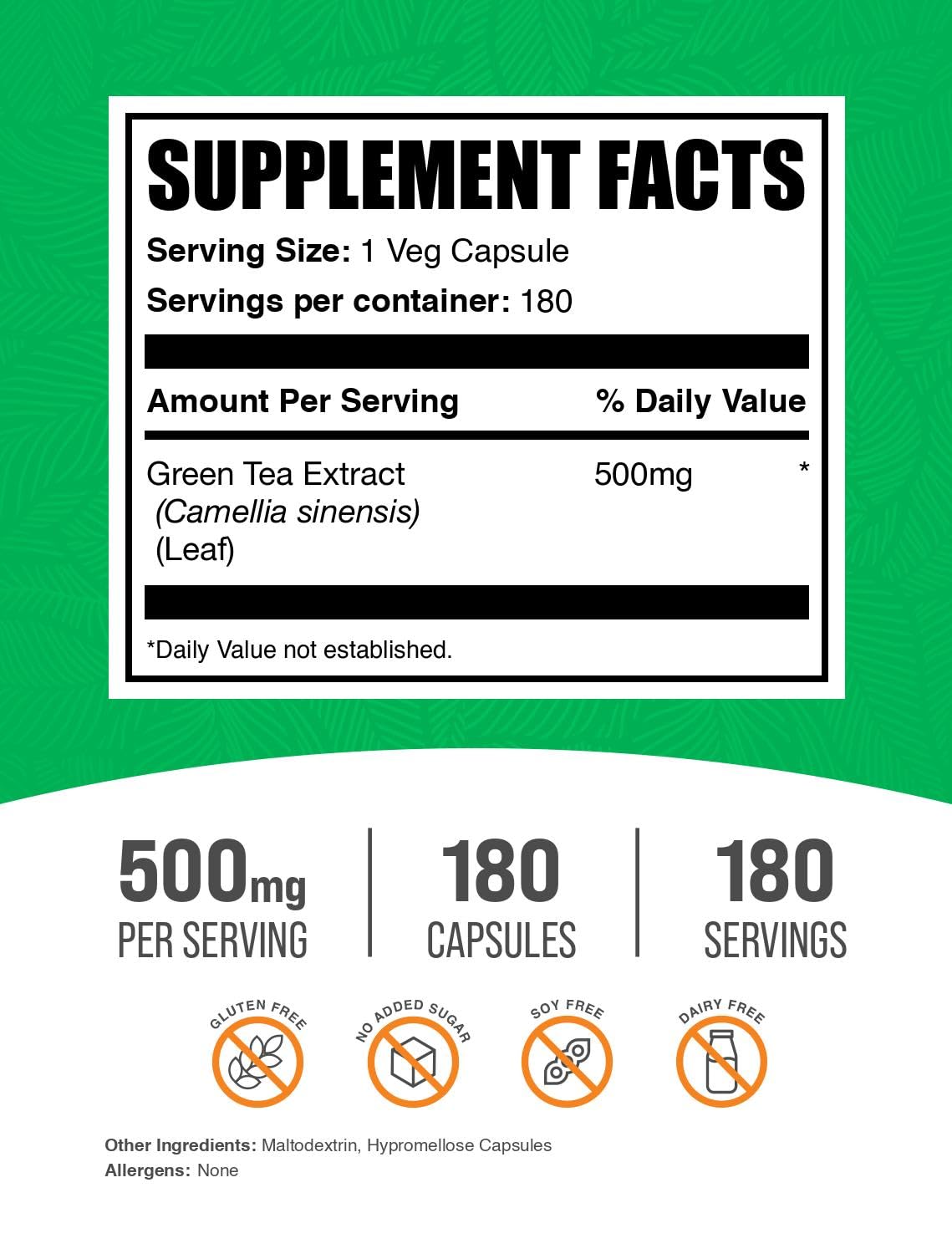 BulkSupplements Green Tea Extract 180 vegetarian capsules label details