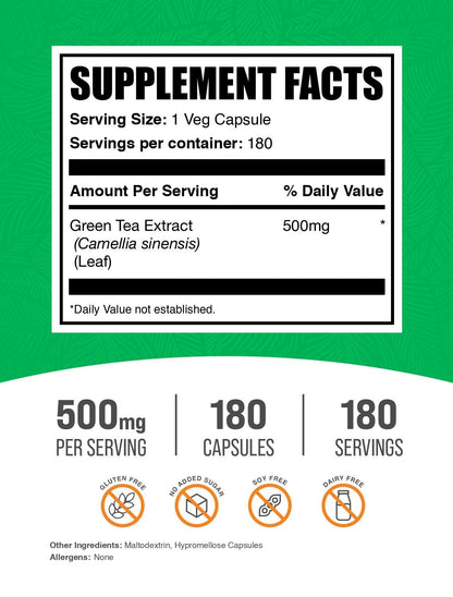 BulkSupplements Green Tea Extract 180 vegetarian capsules label details