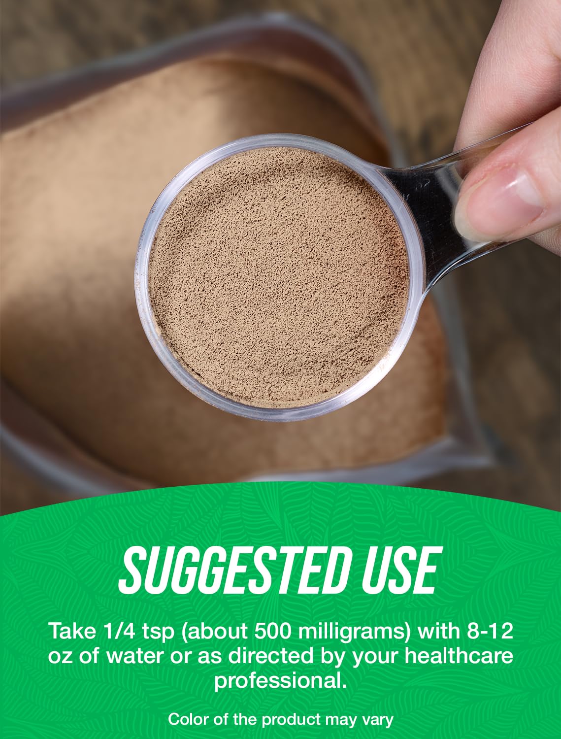 Close up look at the fine texture of pure vegan astragalus root powder imported from the USA.