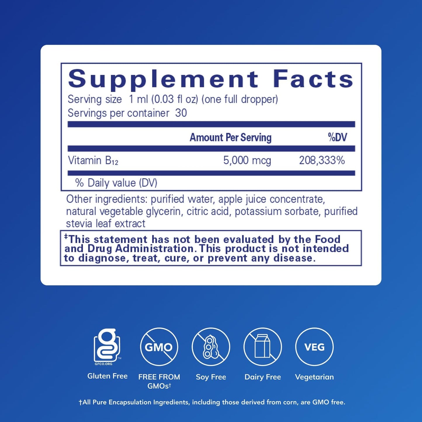 Side view of Pure Encapsulations Vitamin B12 Methylcobalamin supplement displaying detailed ingredients list