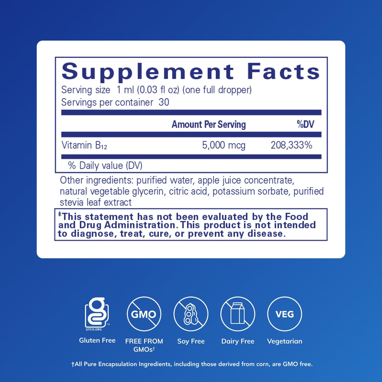 Side view of Pure Encapsulations Vitamin B12 Methylcobalamin supplement displaying detailed ingredients list