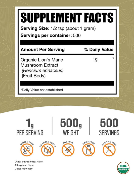 BulkSupplements unflavored mushroom extract powder being mixed into a morning coffee cup