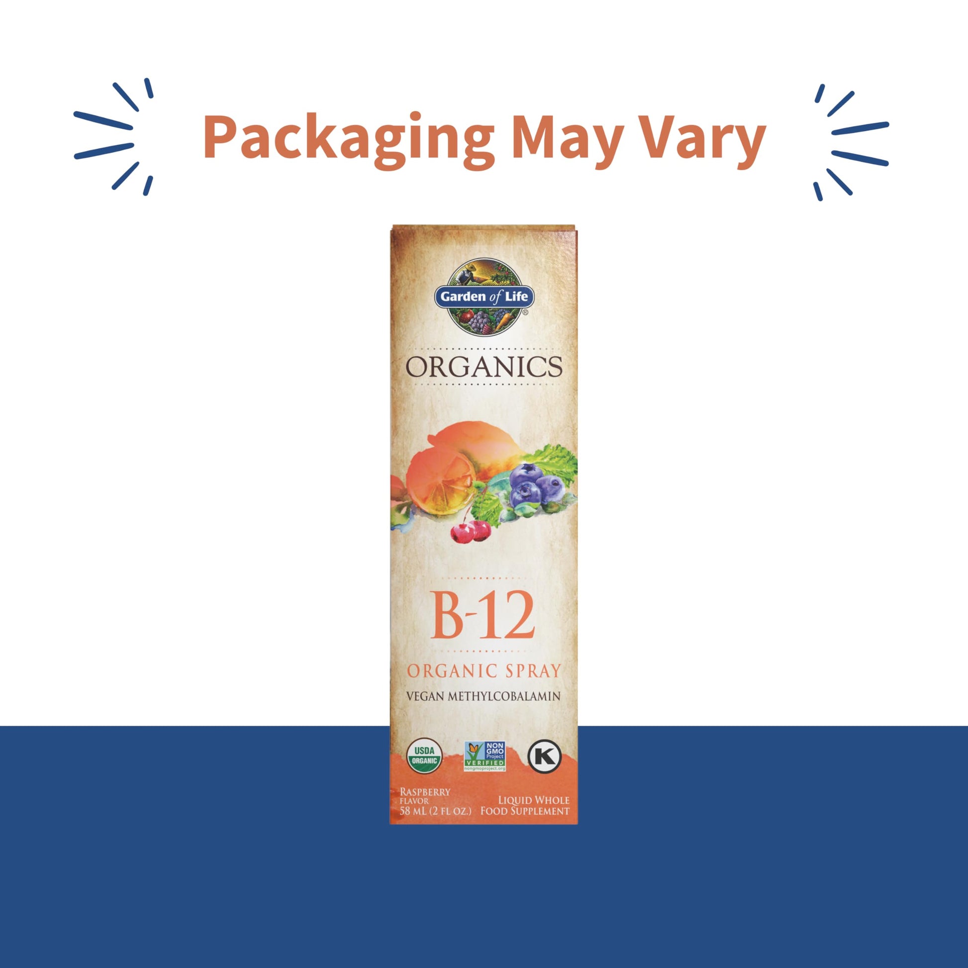 Organic whole food B12 spray bottle showing the USDA Organic and Vegan certified logos.