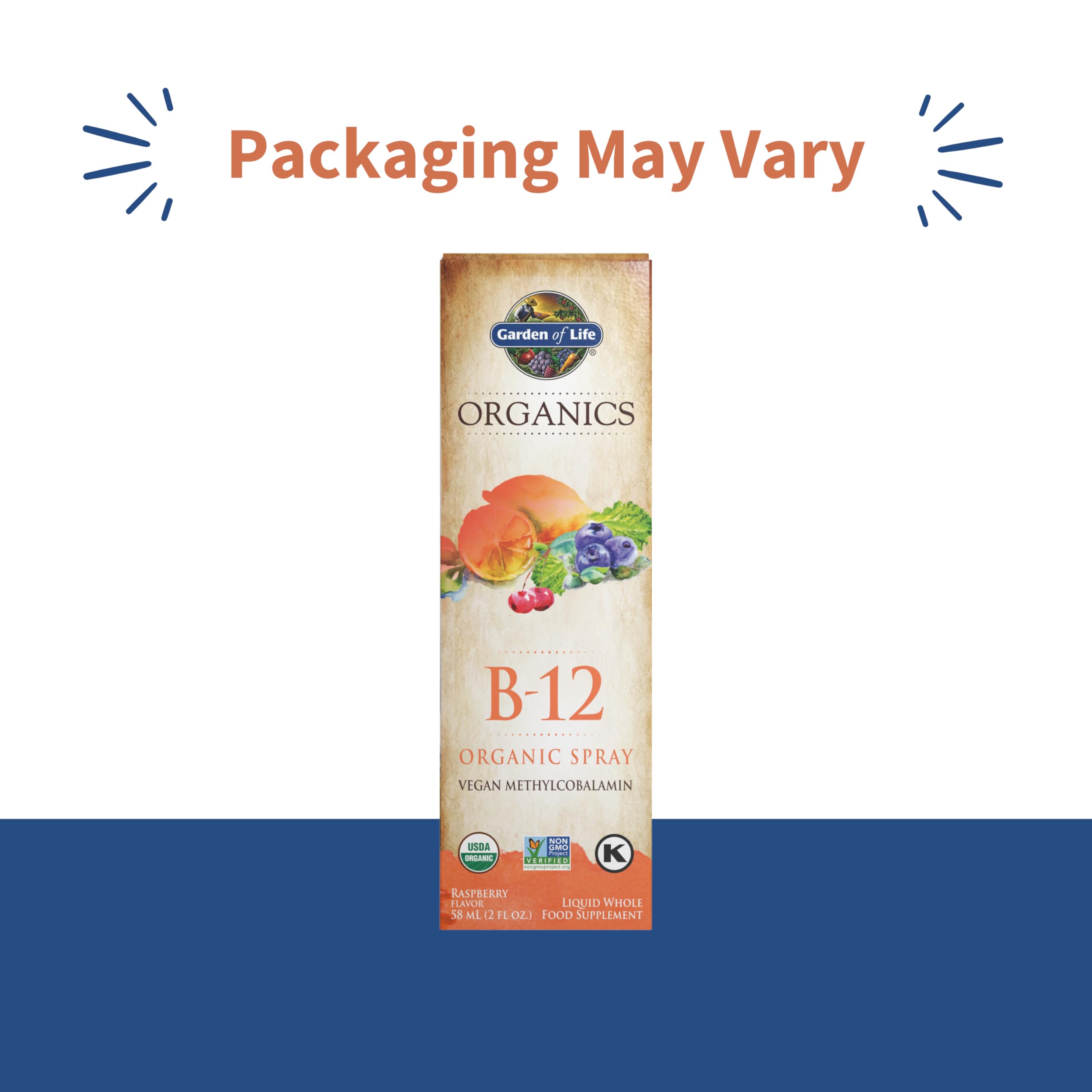 Organic whole food B12 spray bottle showing the USDA Organic and Vegan certified logos.