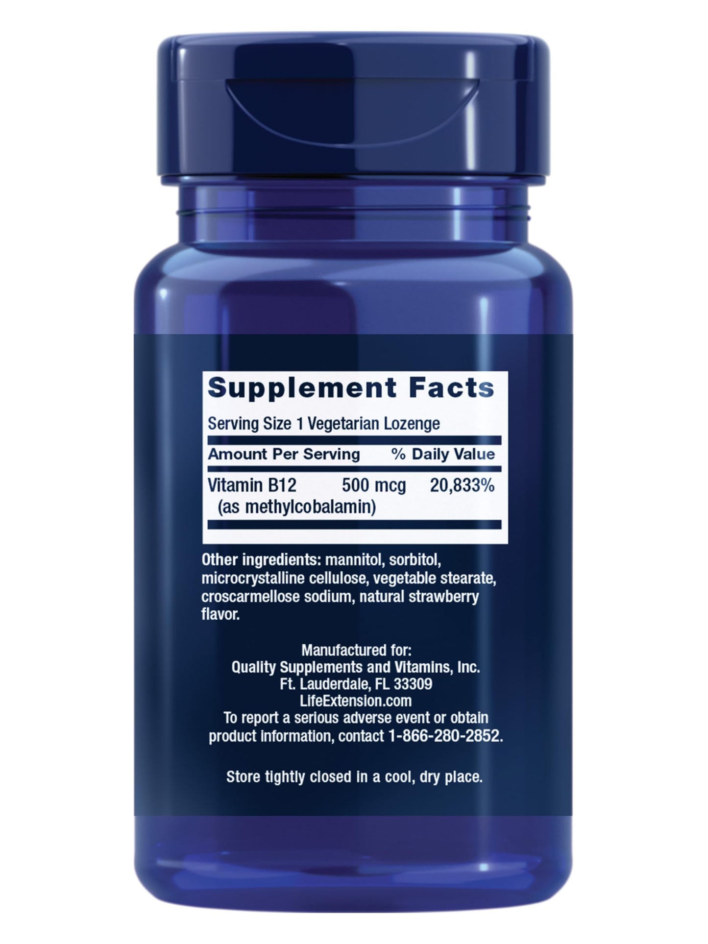 Life Extension Vitamin B12 500 mcg supplement facts panel detailing active ingredients and strawberry flavor indicators.