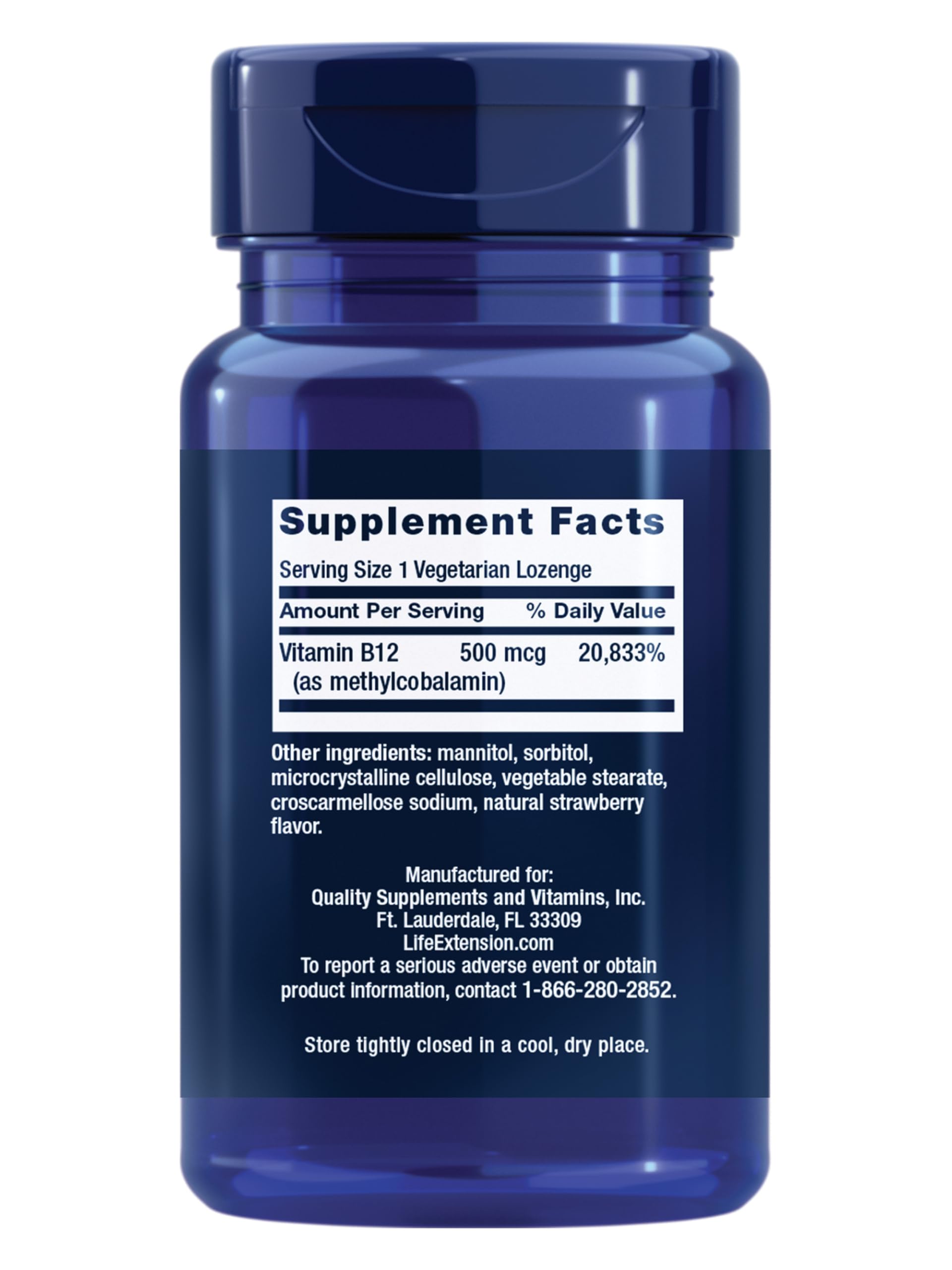 Life Extension Vitamin B12 500 mcg supplement facts panel detailing active ingredients and strawberry flavor indicators.