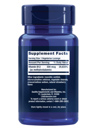 Life Extension Vitamin B12 500 mcg supplement facts panel detailing active ingredients and strawberry flavor indicators.