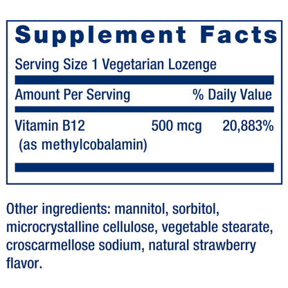 Side view of Life Extension sublingual B12 bottle showing clean conscious choice non-GMO verified certification badge.