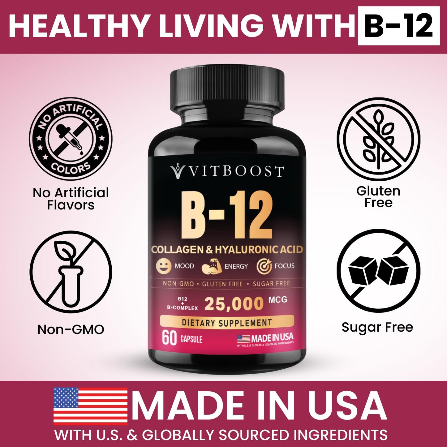 Side view of Vitboost B12 capsules bottle showing usage details