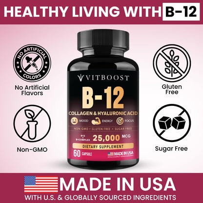 Side view of Vitboost B12 capsules bottle showing usage details