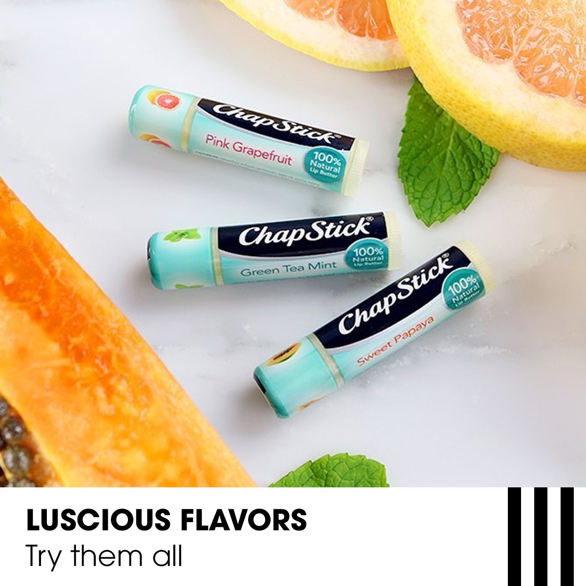 Authentic imported USA ChapStick packaging detail displaying eight hour moisture claim