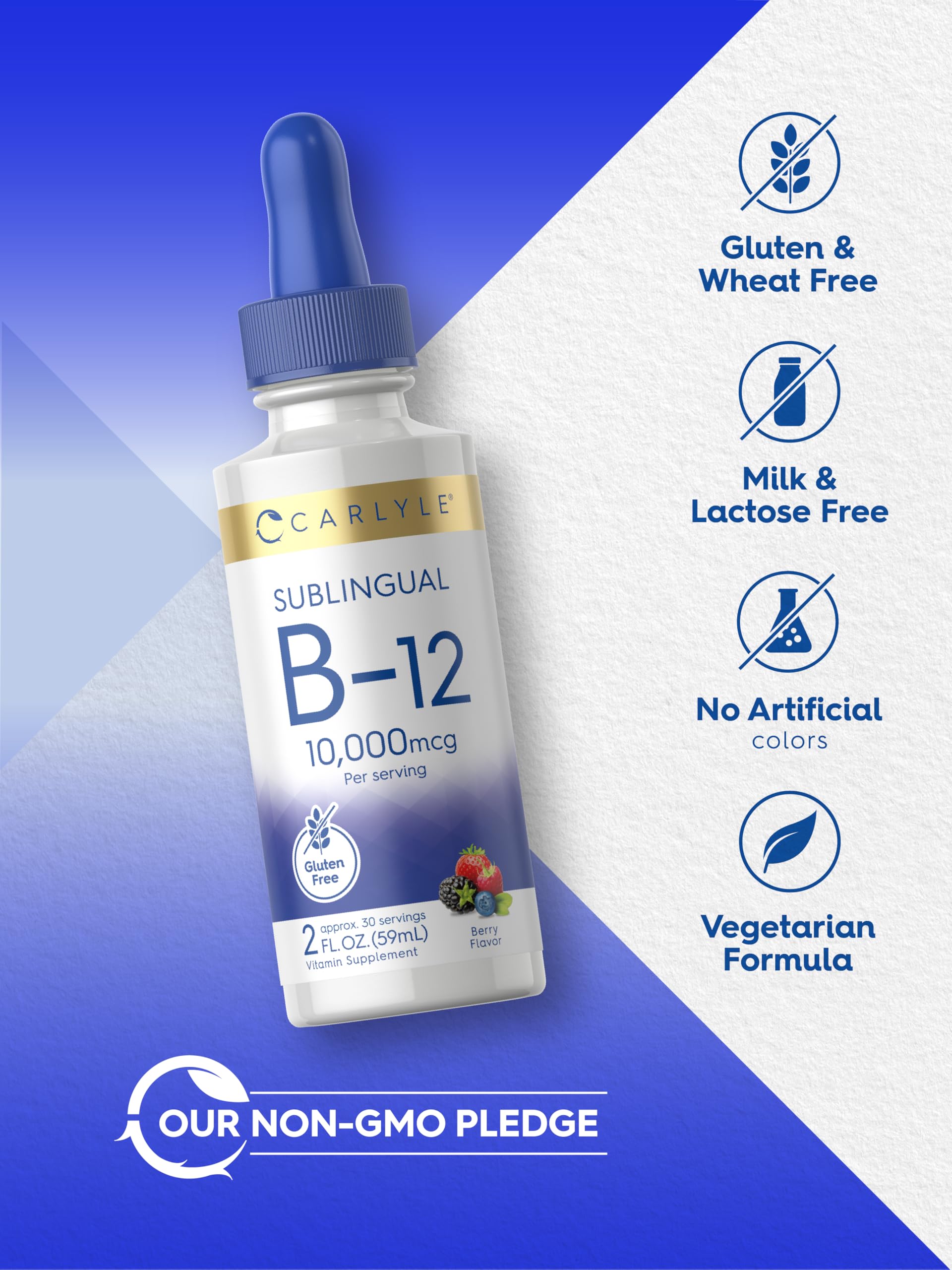 Carlyle Vitamin B12 sublingual two fluid ounce bottle showing clear usage instructions