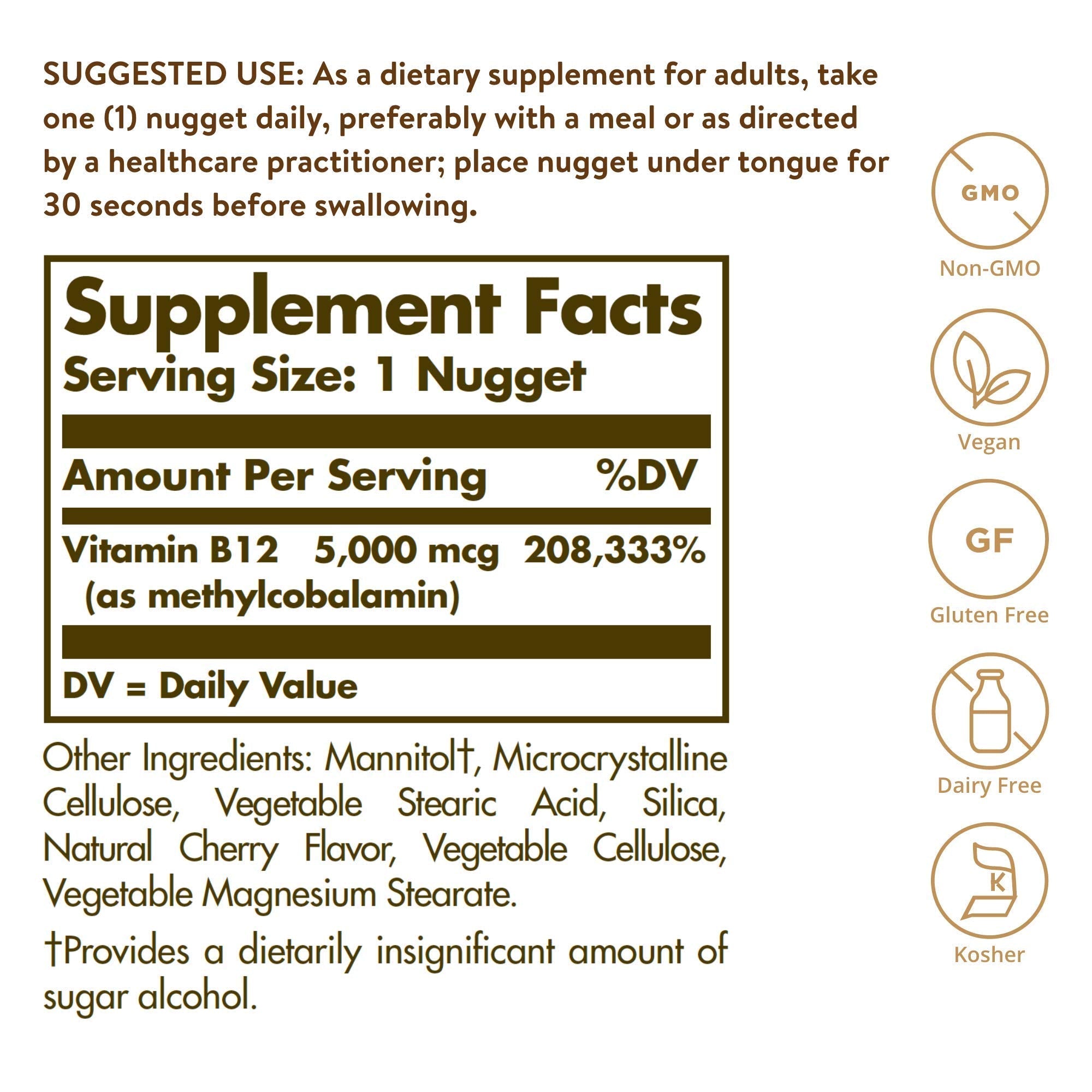 Solgar Vitamin B12 sublingual cherry nuggets packaging label showing vegan and gluten-free certifications