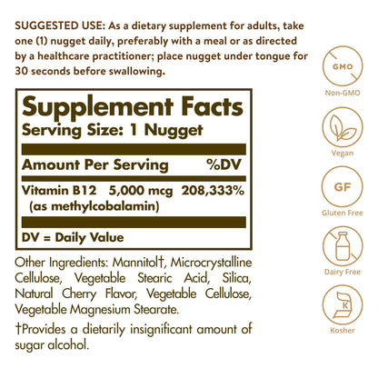 Solgar Vitamin B12 sublingual cherry nuggets packaging label showing vegan and gluten-free certifications