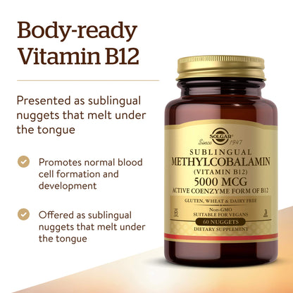Back supplement facts panel of Solgar active coenzyme B12 5000 mcg detailing ingredients