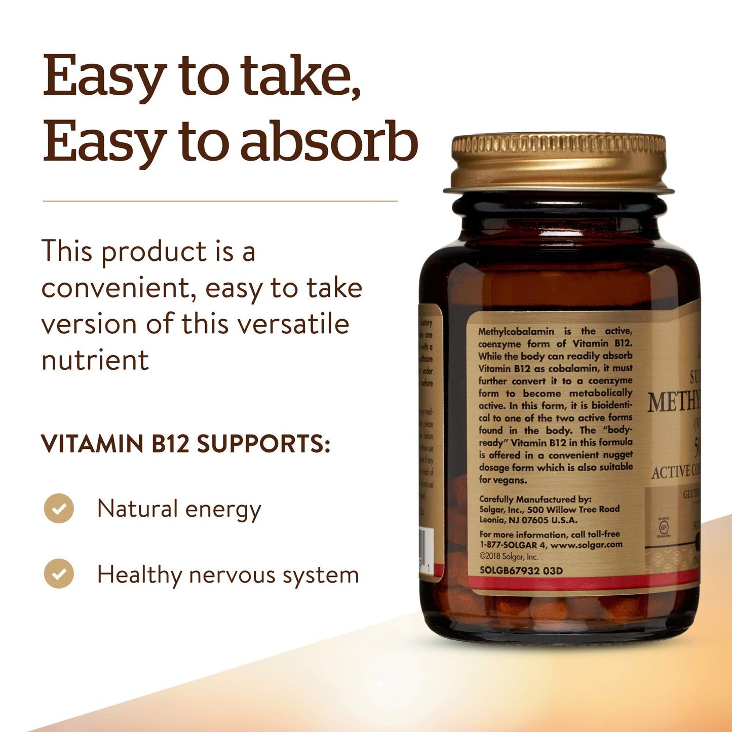Solgar Vitamin B12 dietary supplement bottle standing upright showing non-GMO verified seals