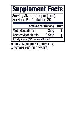 Side view of Vimergy Liquid B12 dropper bottle highlighting ingredients and 2500 mcg dosage information.