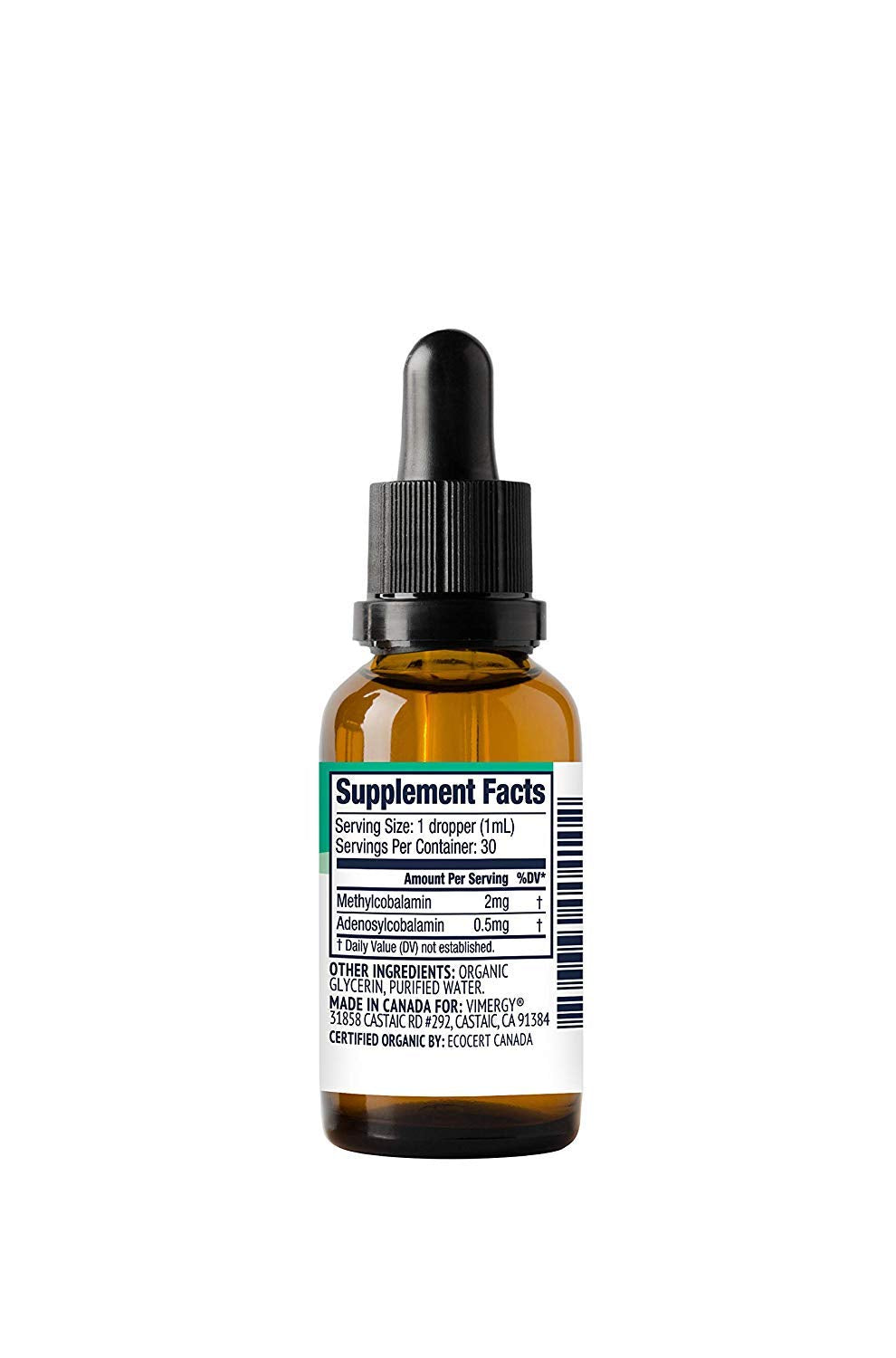 Authentic USA imported Vimergy Vitamin B12 liquid supplement showing the sublingual glass dropper mechanism.