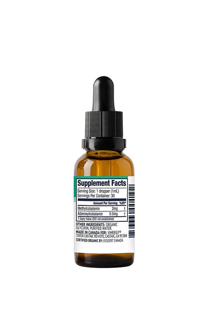 Authentic USA imported Vimergy Vitamin B12 liquid supplement showing the sublingual glass dropper mechanism.