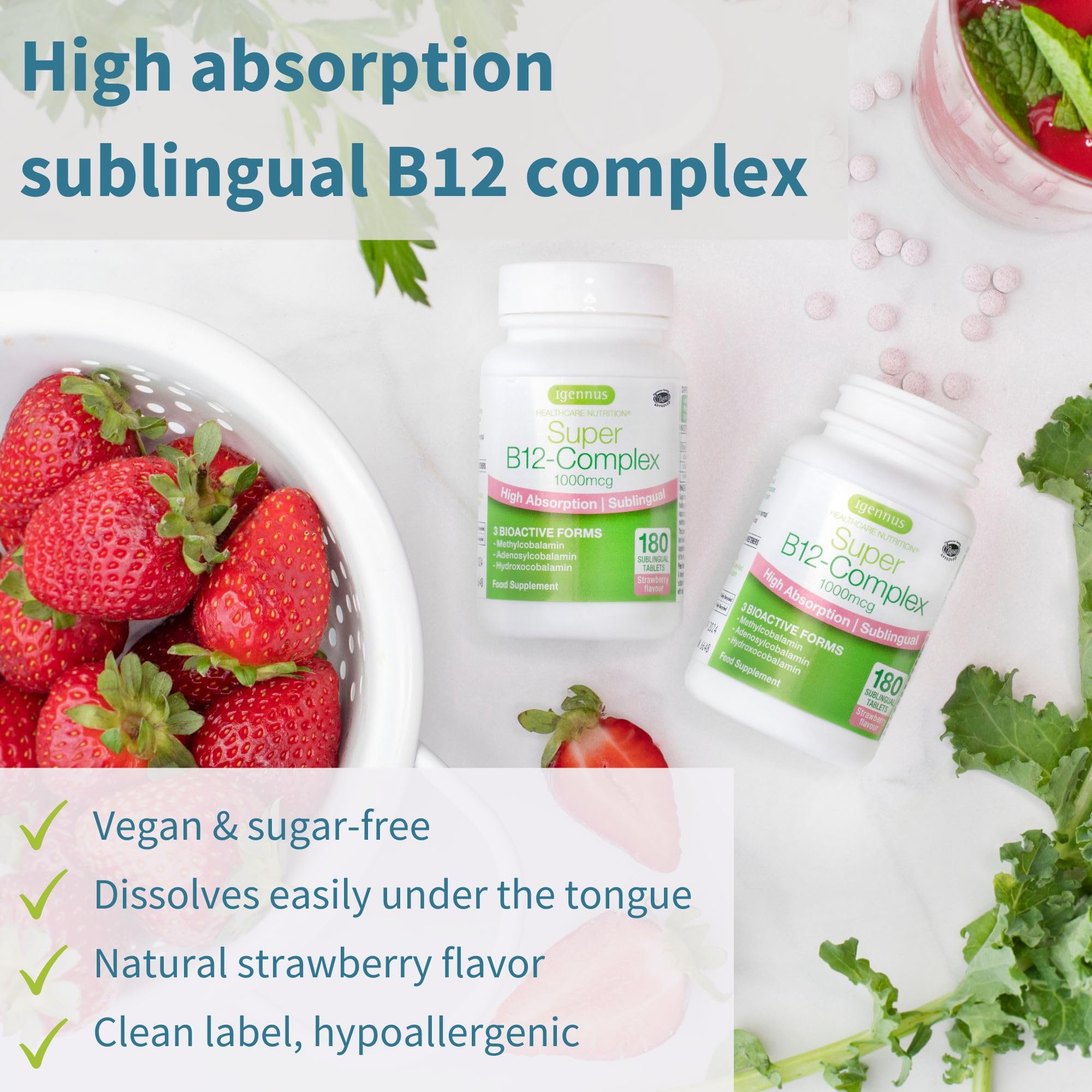 Igennus Super B12 Complex 180 tablets nutritional facts label detailing methylcobalamin and adenosylcobalamin levels