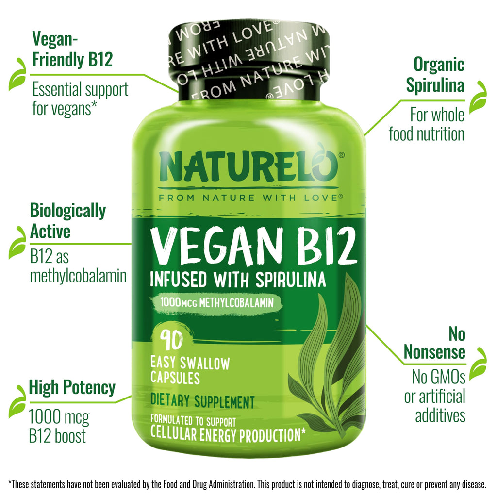 NATURELO plant based methylcobalamin supplement bottle highlighting the key health benefits including energy and brain support.