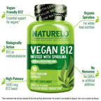 NATURELO plant based methylcobalamin supplement bottle highlighting the key health benefits including energy and brain support.