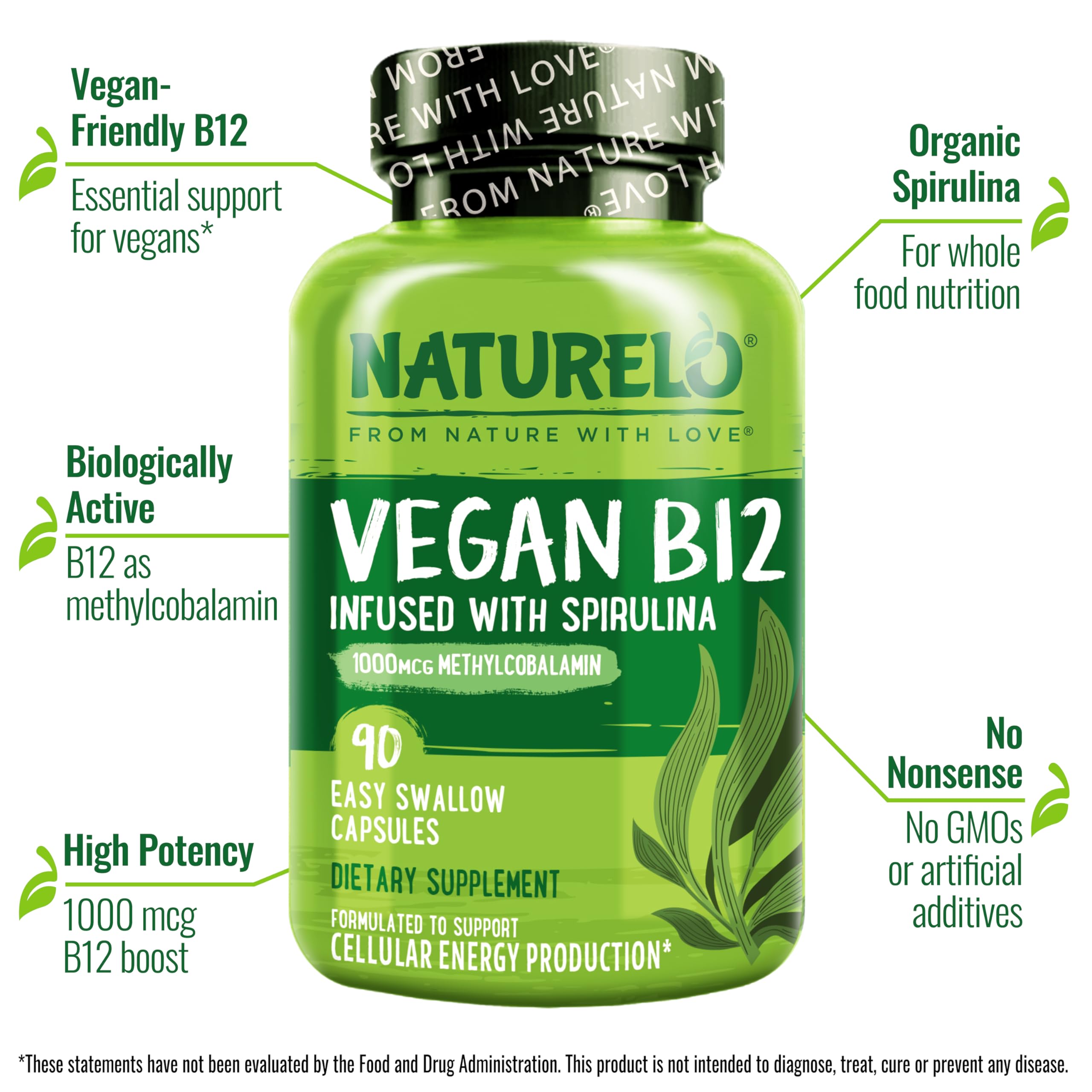 NATURELO plant based methylcobalamin supplement bottle highlighting the key health benefits including energy and brain support.