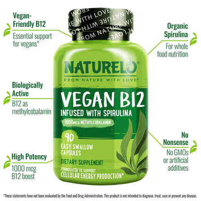 NATURELO plant based methylcobalamin supplement bottle highlighting the key health benefits including energy and brain support.