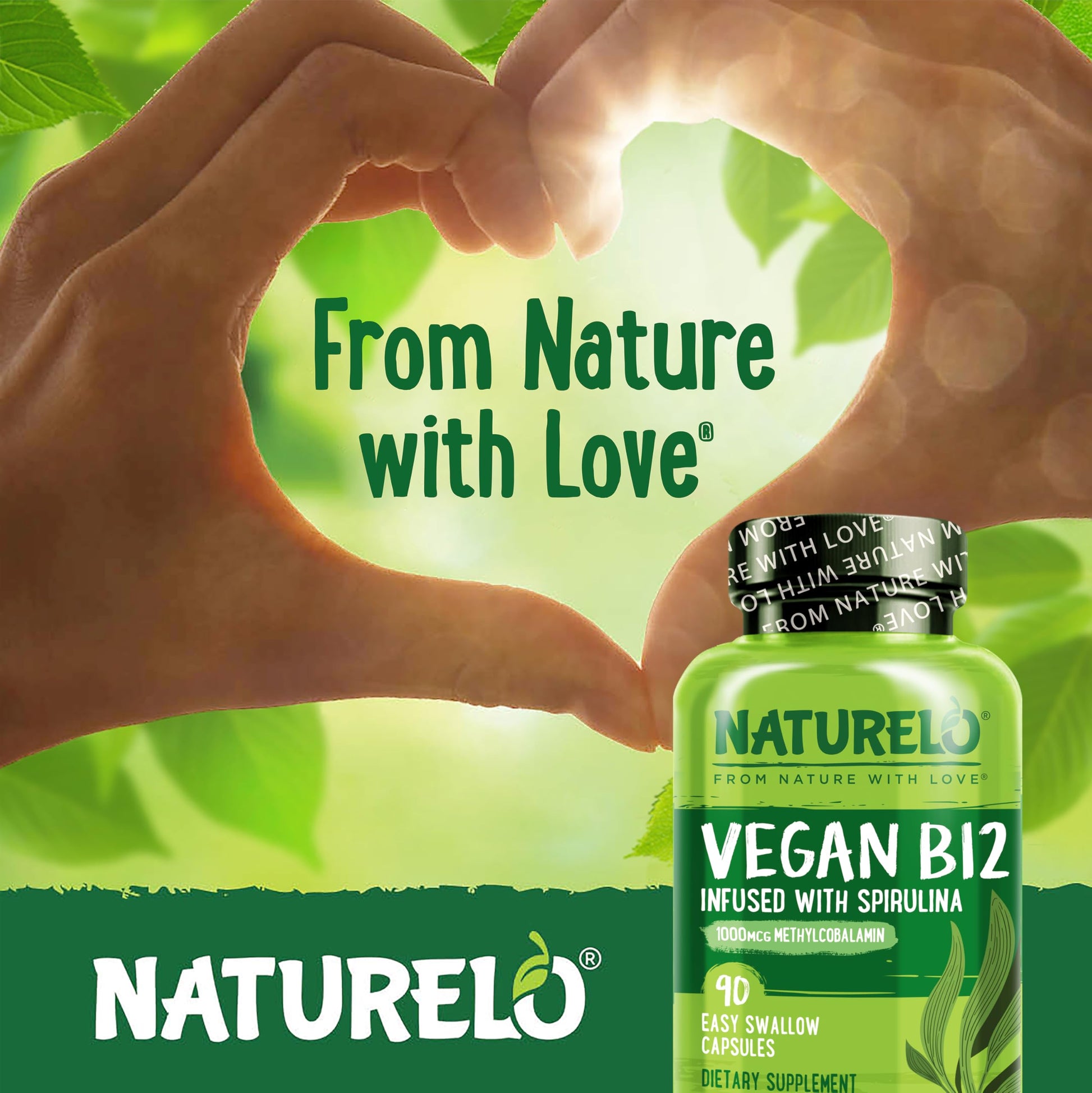NATURELO brand vegan friendly capsules displayed next to natural green superfoods emphasizing the whole food formula.