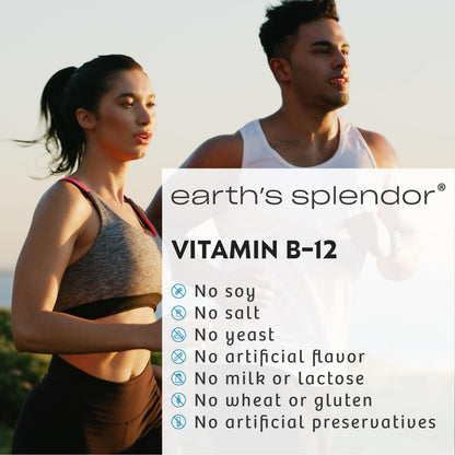 Earth's Splendor Vitamin B12 bottle showing the authentic USA manufactured packaging details.