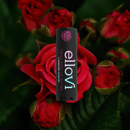 Ellovi tinted vegan lip balm packaging and texture