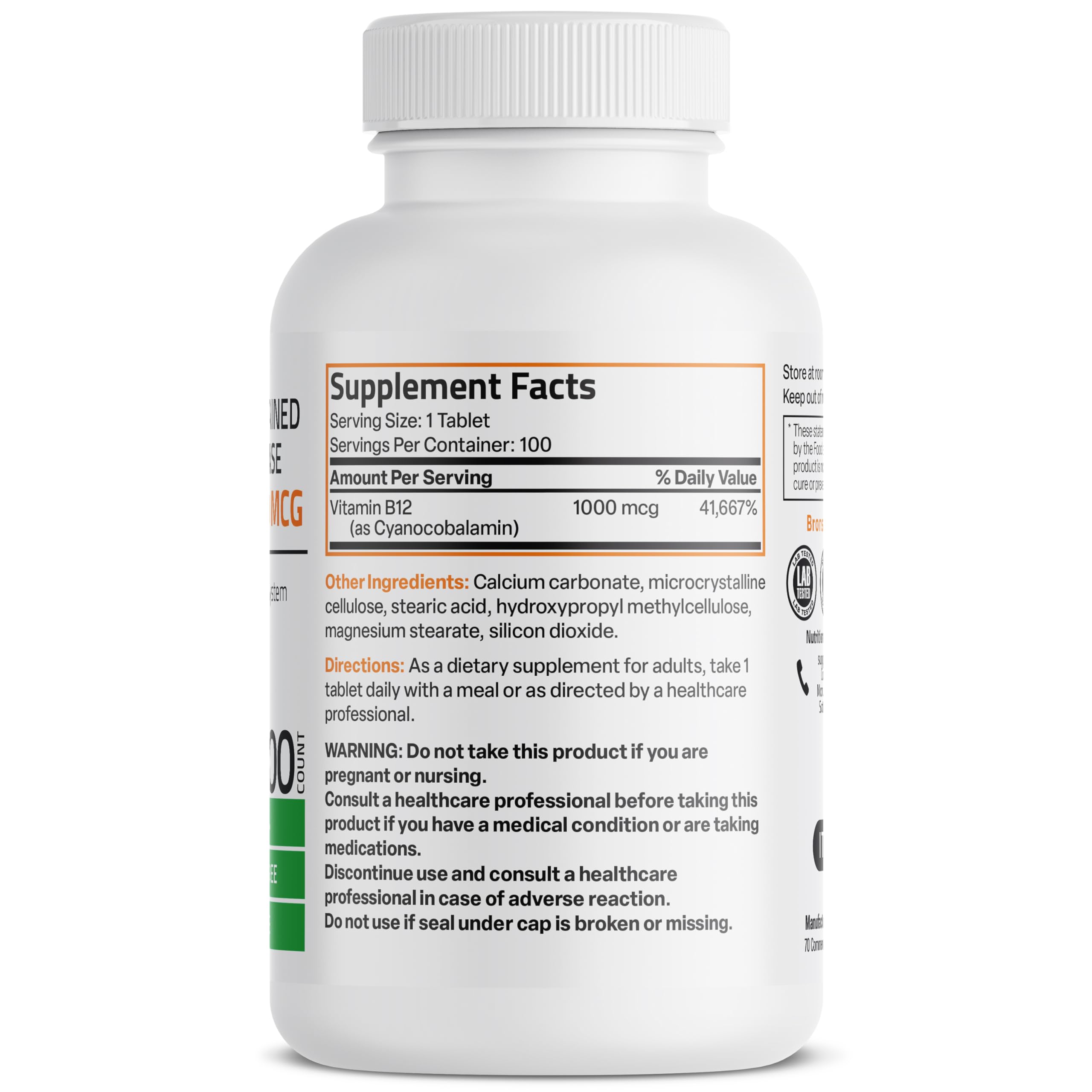 Bronson Vitamin B12 timed release supplement side label showcasing non-GMO and gluten-free certifications