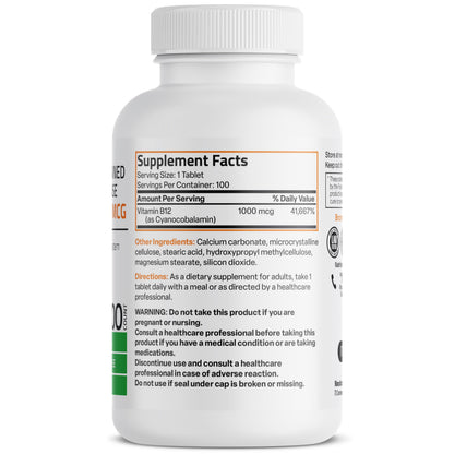 Bronson Vitamin B12 timed release supplement side label showcasing non-GMO and gluten-free certifications