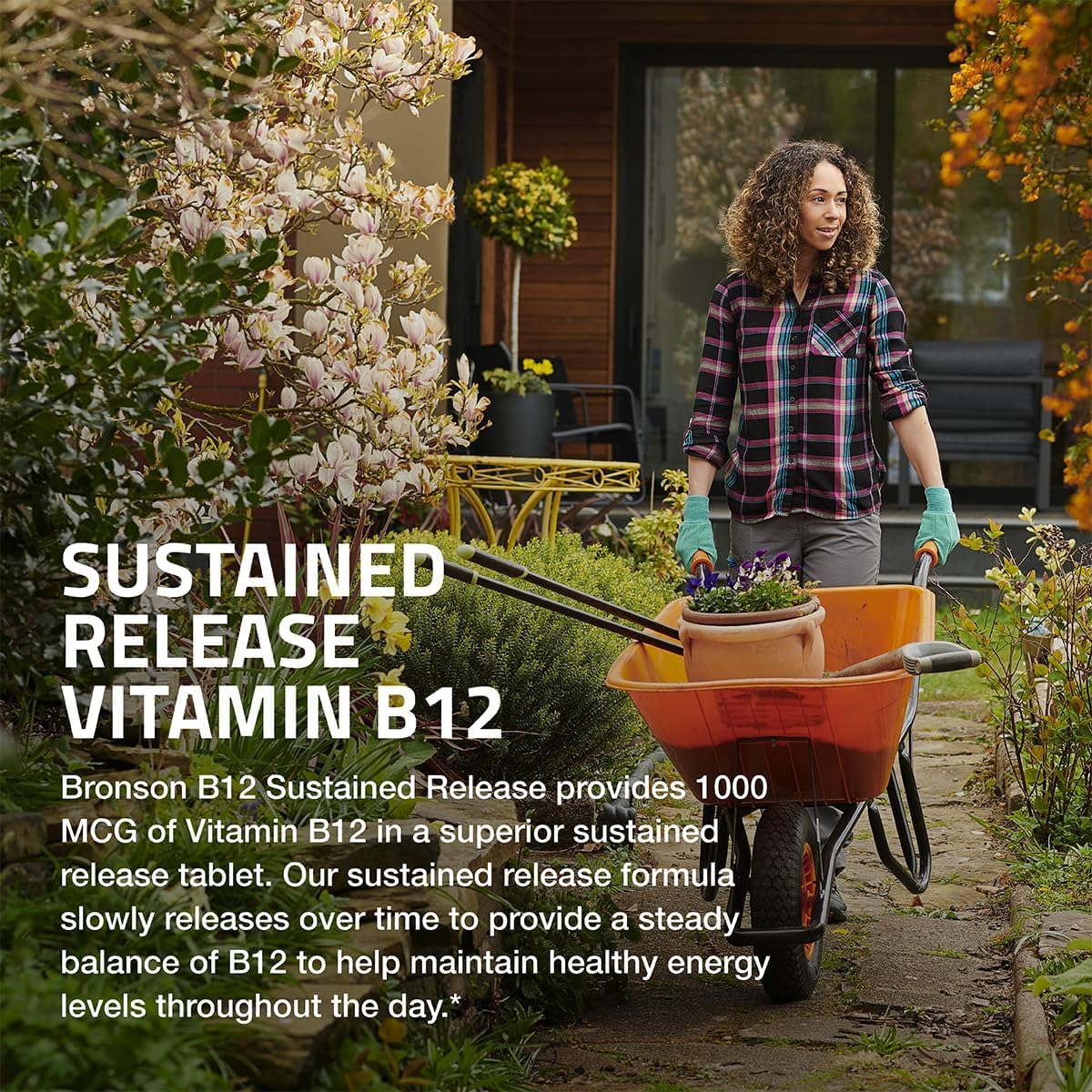 Back packaging text of Bronson B12 showing complete ingredients list and daily value percentage