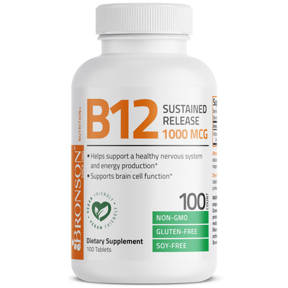 Bronson Vitamin B12 bottle showing the cGMP premium standards seal for quality assurance