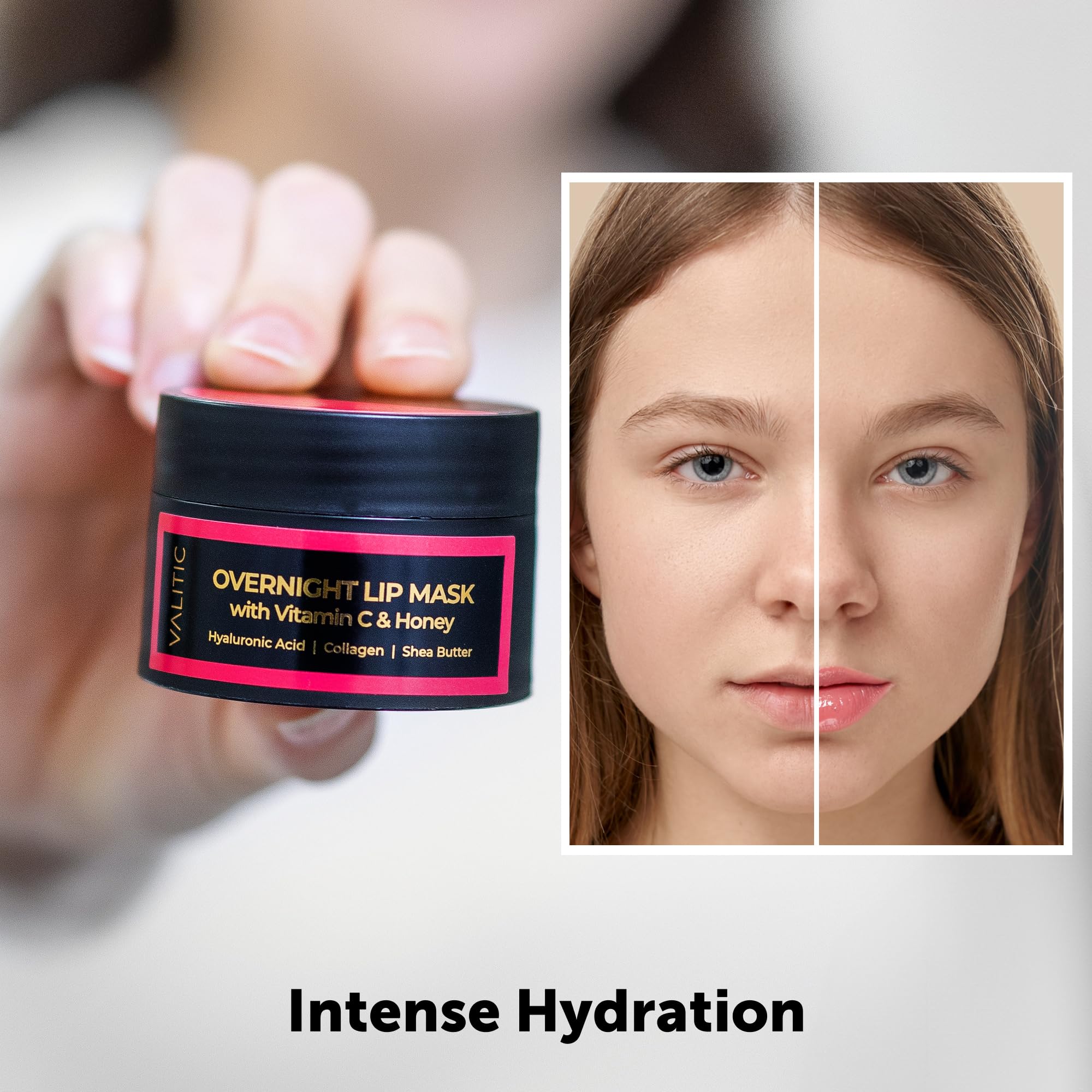 Valitic lip mask product contents and jar design