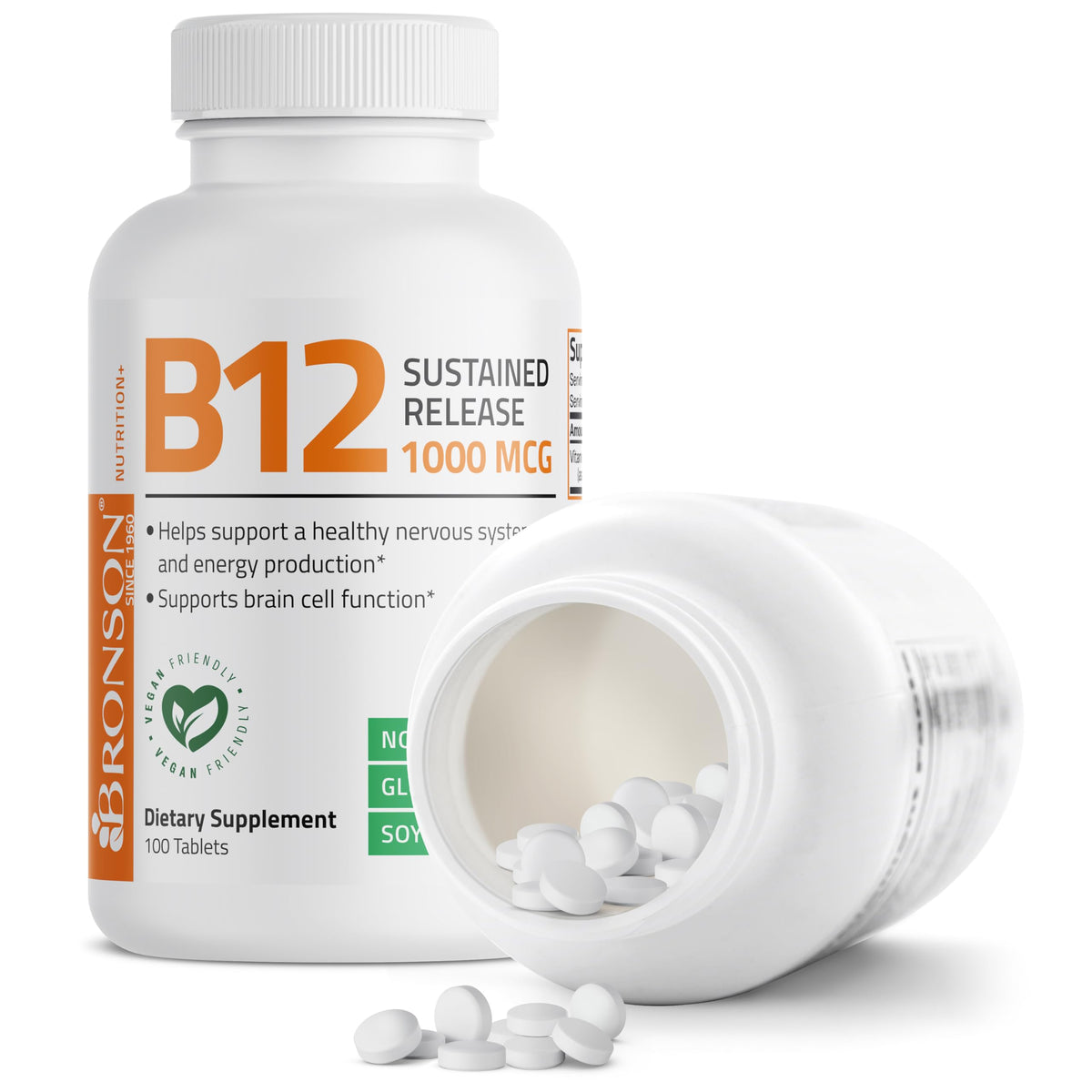 Authentic imported Bronson B12 health supplement bottle highlighting its 6 to 8 hour slow release formula