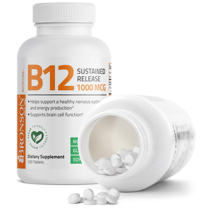 Authentic imported Bronson B12 health supplement bottle highlighting its 6 to 8 hour slow release formula