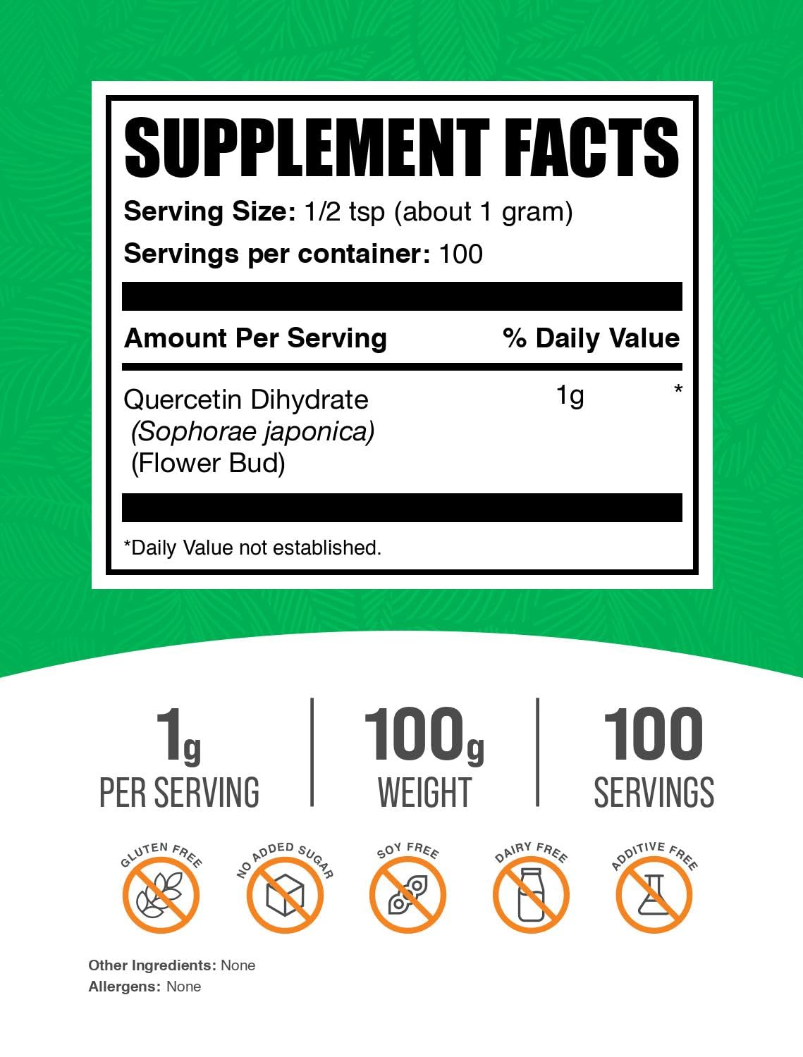 BulkSupplements pure vegan quercetin dihydrate powder unflavored health supplement packaging clear details