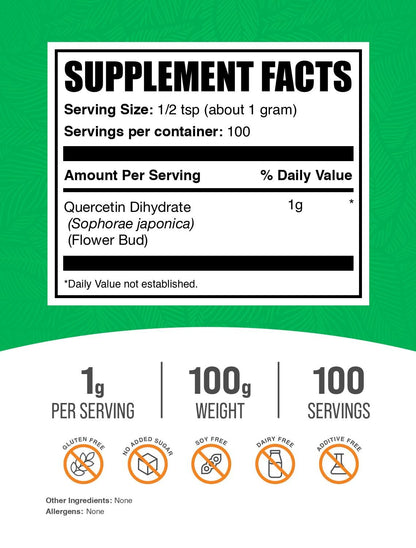BulkSupplements pure vegan quercetin dihydrate powder unflavored health supplement packaging clear details
