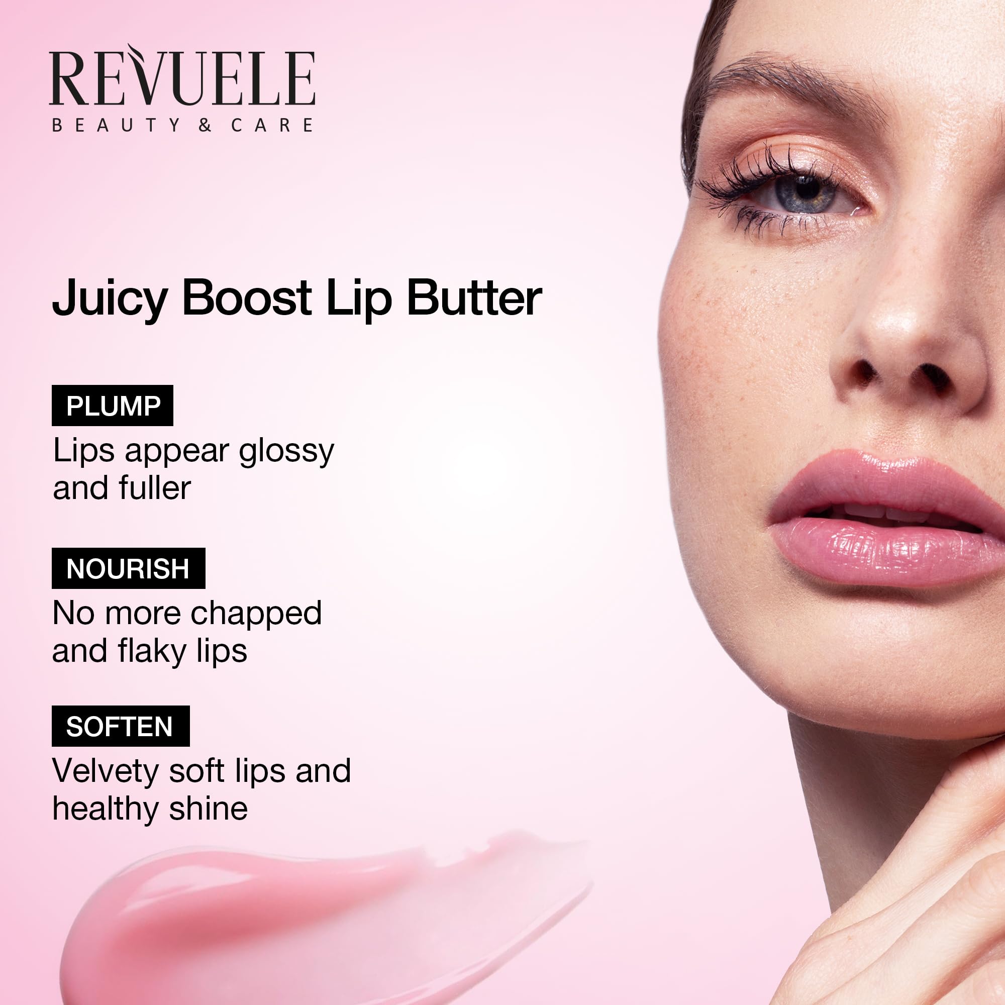Glossy lip texture of Revuele Juicy Boost Lip Butter