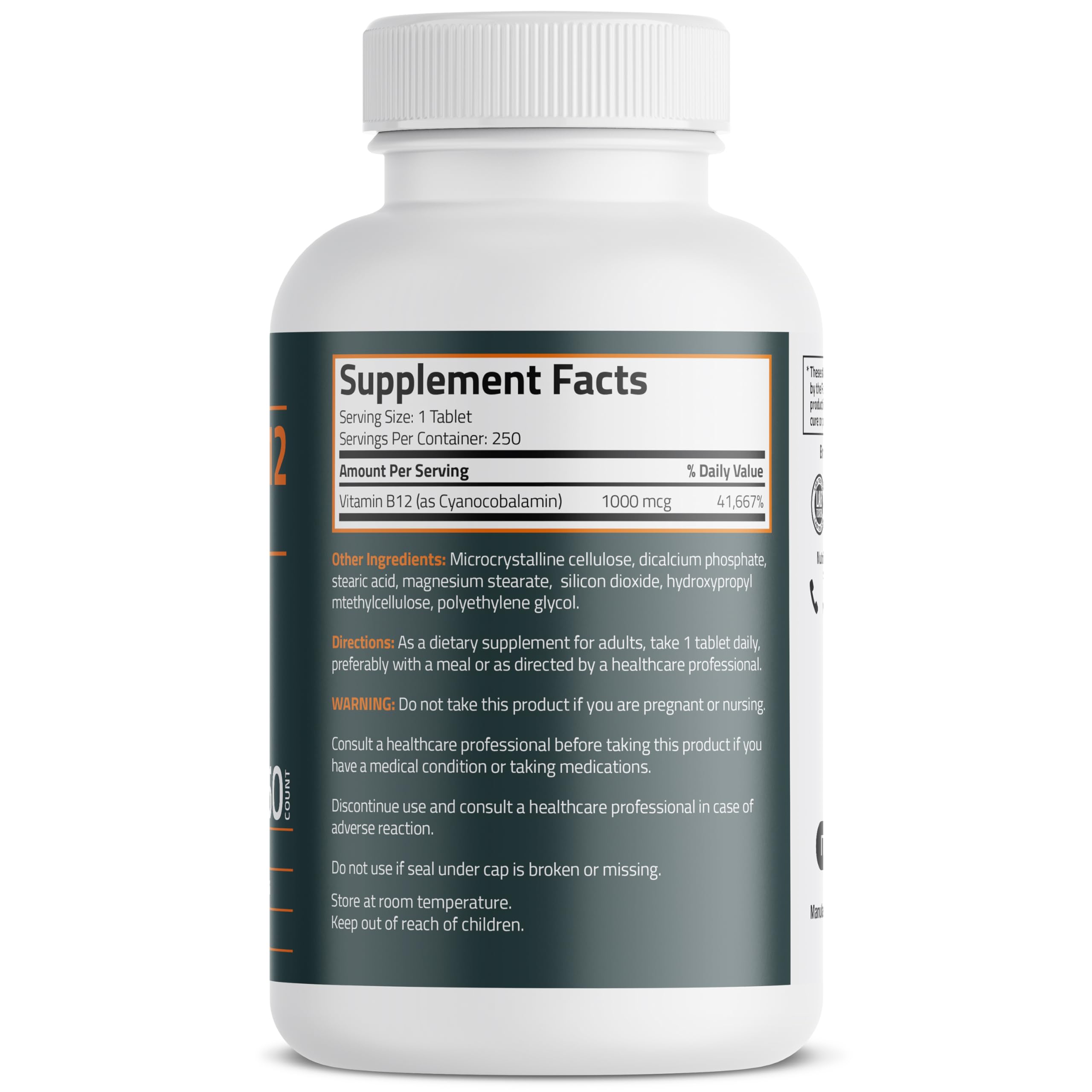 Bronson Vitamin B12 1000mcg supplement facts label and dietary ingredient information