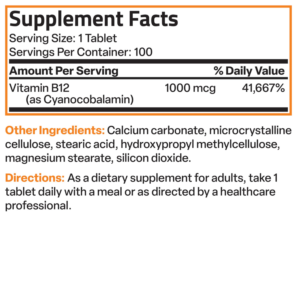 USA sourced Bronson Vitamin B12 premium bottle illustrating the nervous system and brain function benefits