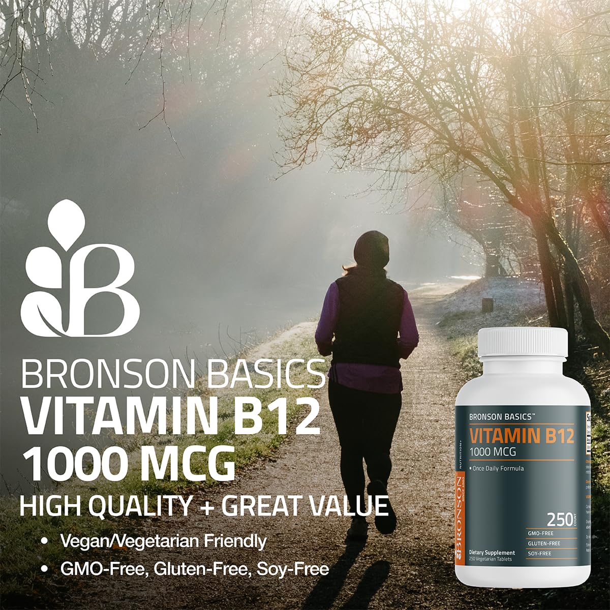 Side profile of Bronson Vitamin B12 vegetarian tablets showing non-GMO and gluten-free certification labels