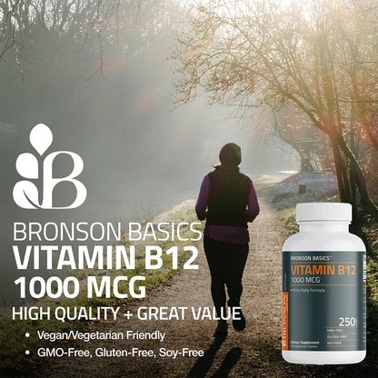 Side profile of Bronson Vitamin B12 vegetarian tablets showing non-GMO and gluten-free certification labels