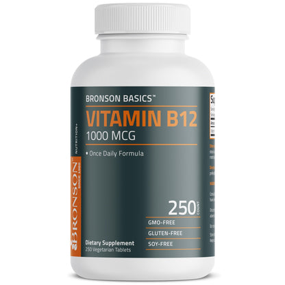 Close-up of the small easy-to-swallow vegetarian tablets from Bronson Vitamin B12 1000mcg bottle