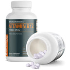 Back label of Bronson Vitamin B12 showing manufacturing details from cGMP-certified facility in New York