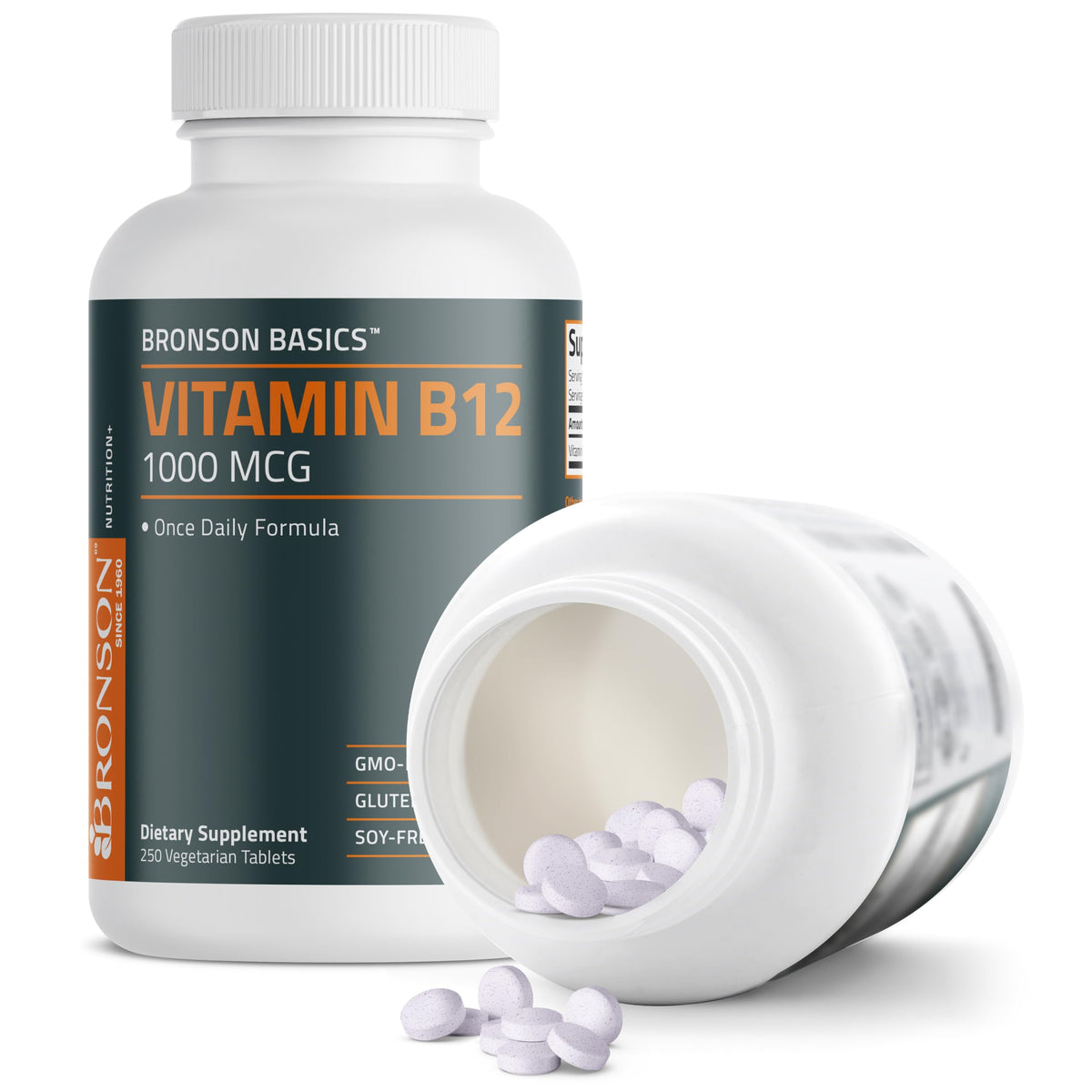 Back label of Bronson Vitamin B12 showing manufacturing details from cGMP-certified facility in New York