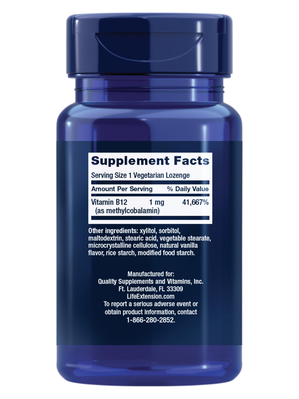 Life Extension Vitamin B12 Methylcobalamin 1mg supplement facts label showing daily values and clean ingredients list.